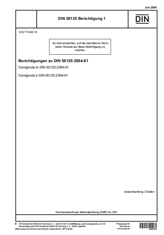 DIN 50125-2004 Inspection of metallic materials [1]. Specimen for tensile test